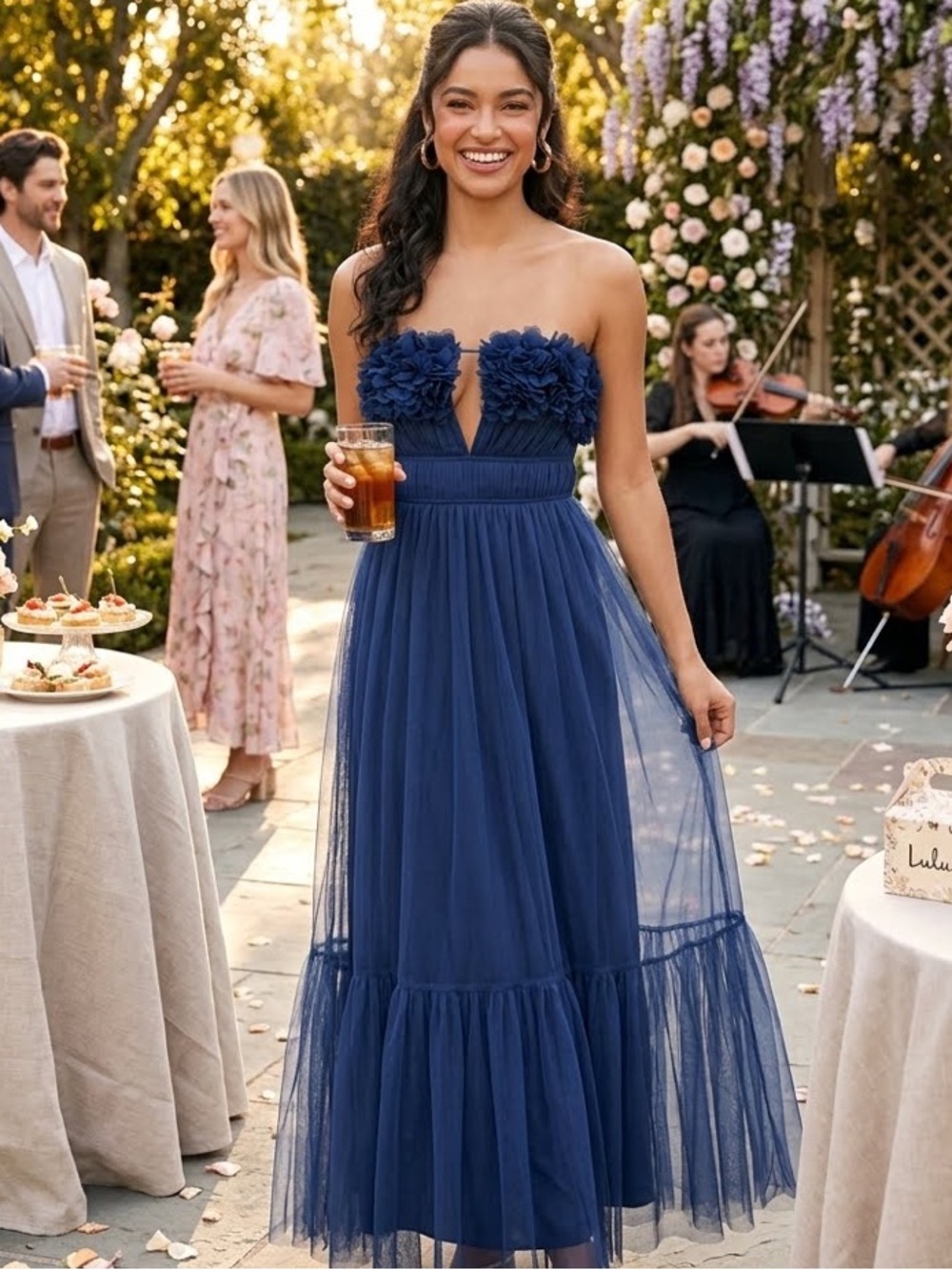 New Lulus Strapless Chic Spectacular Navy Appliqué Tulle Evening Dress Sz XL